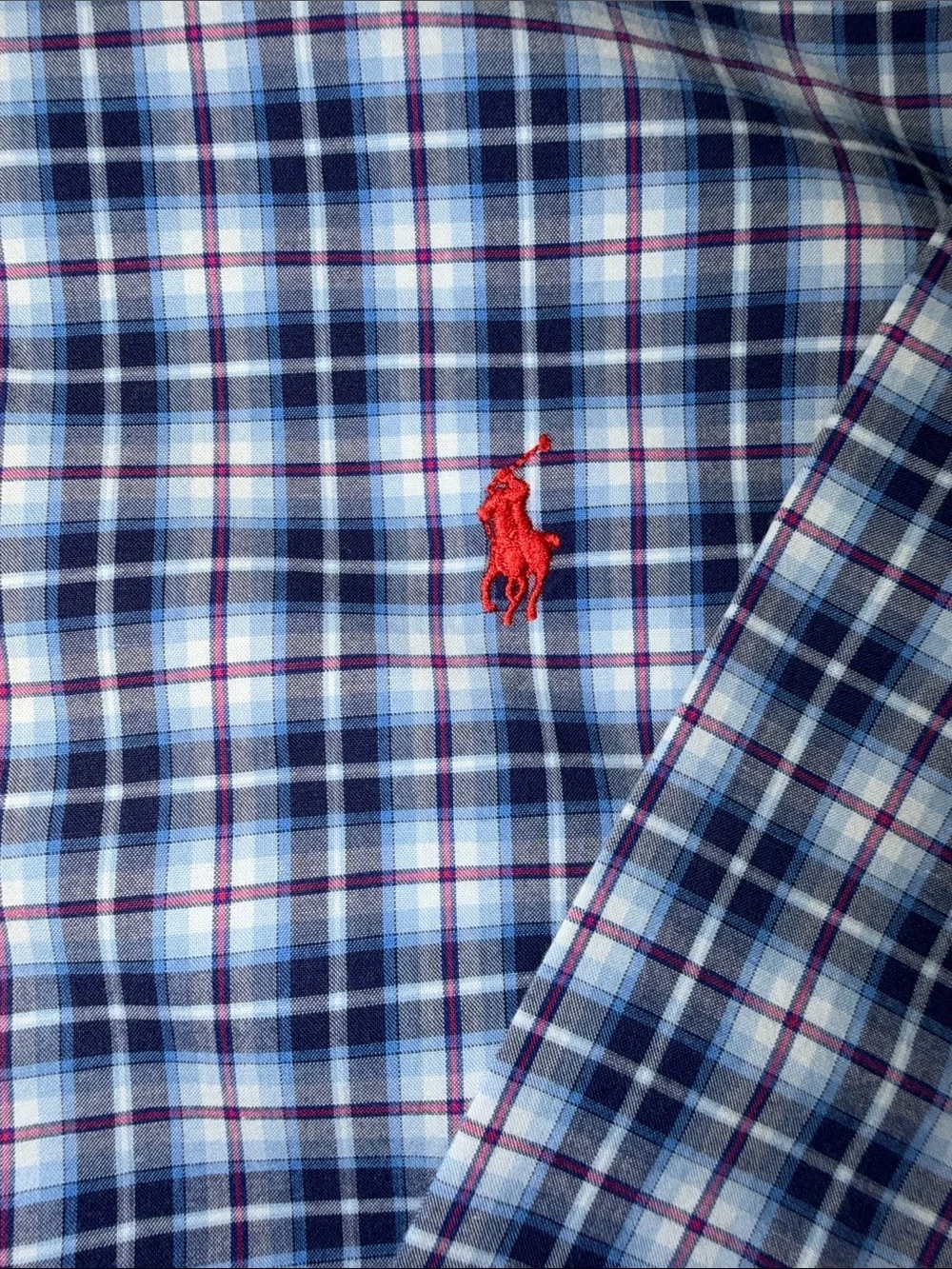Ralph Lauren Blue and White Plaid Button-Down Shirt with Red Pony